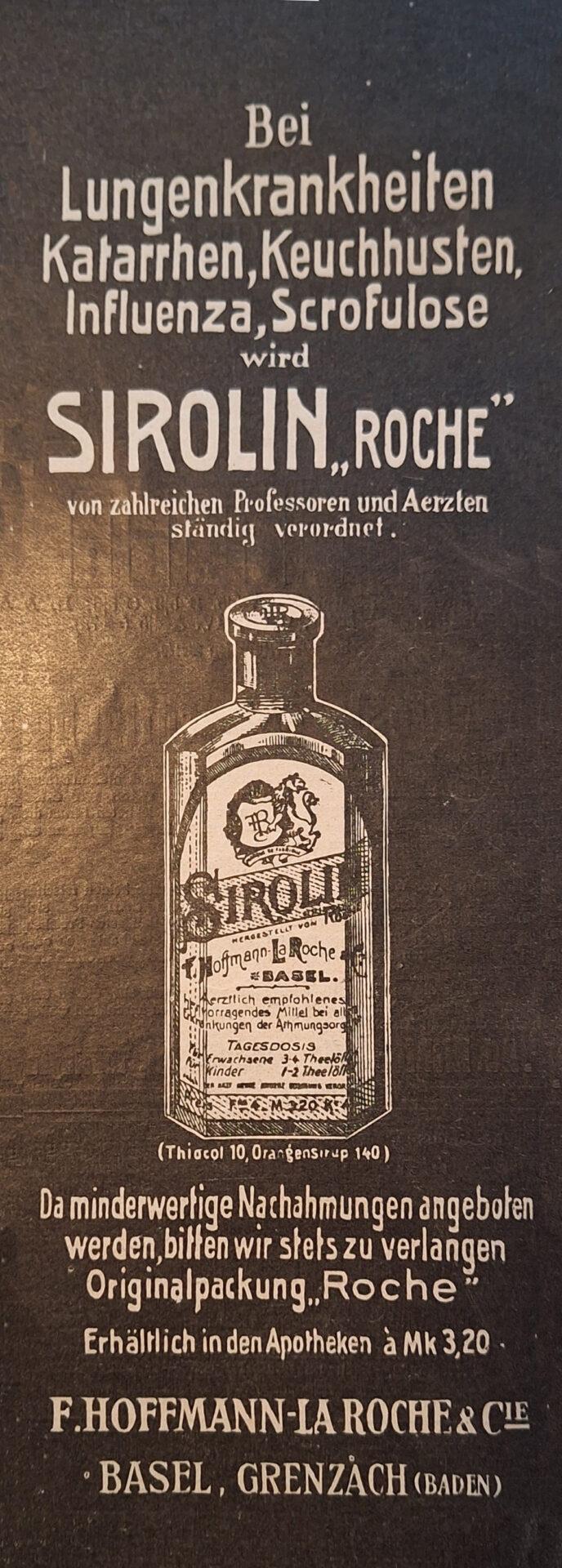 Sirolin von Hoffman-La Roche gegen Lungenkrankheiten, Katarrhe, Keuchhusten, Influenza - Werbung in der Zeitschrift Gartenlaube vor 120 Jahren