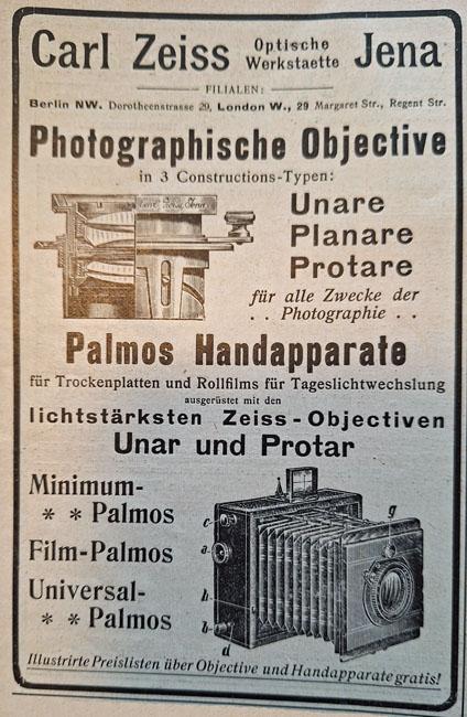 Werbung vor 120 Jahren für Photographische Objektive von Carl Zeiss Jena